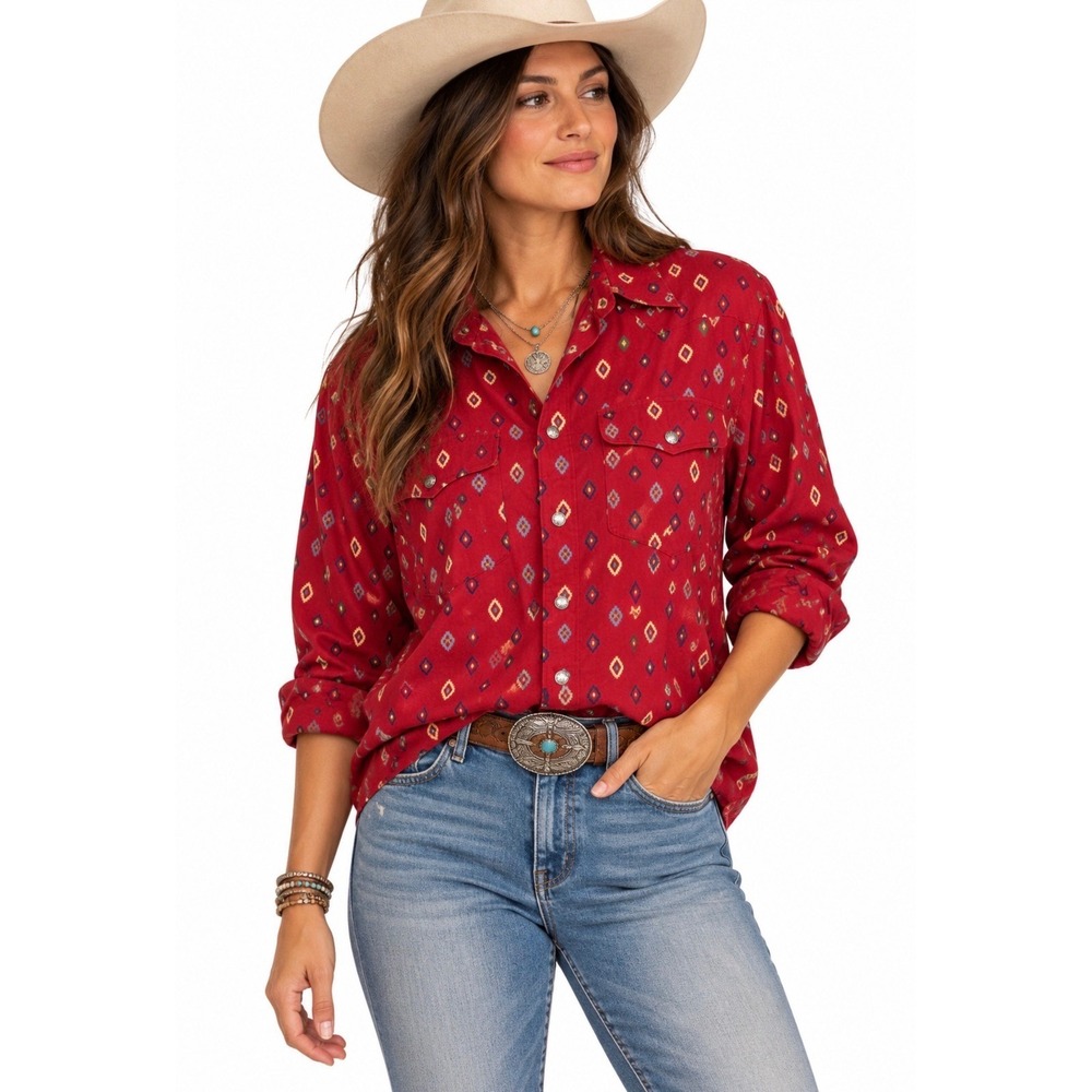VTG 90s Bechamel Southwestern Print Shirt Womens Size M Red Aztec Cowgirl Boho